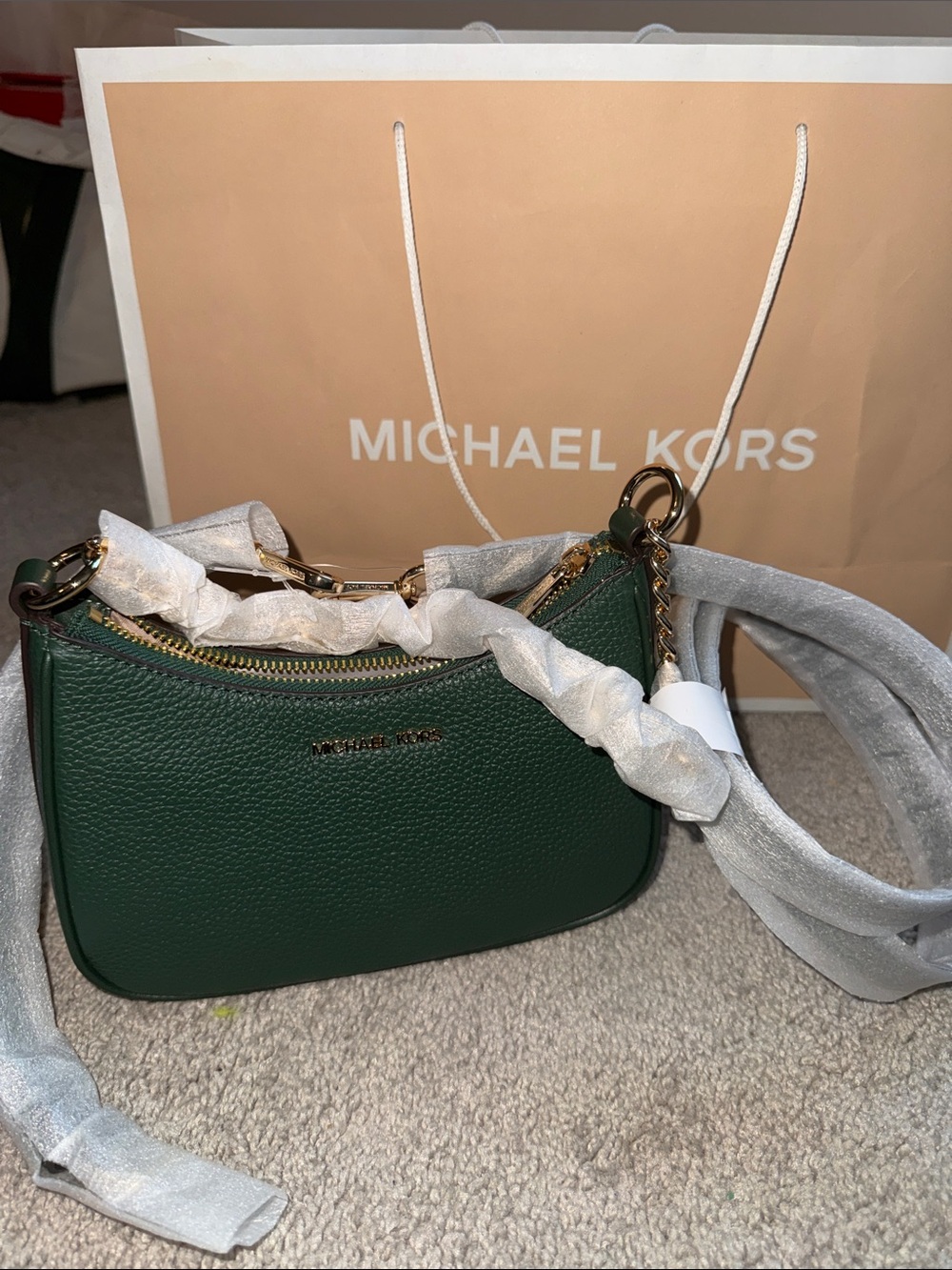 Michael Kors Dark Green Pebbled Leather Crossbody Bag with Gold Hardware